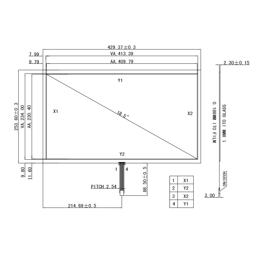 Резистивный сенсорный экран 18,5" TP185W1609-A1-R4W