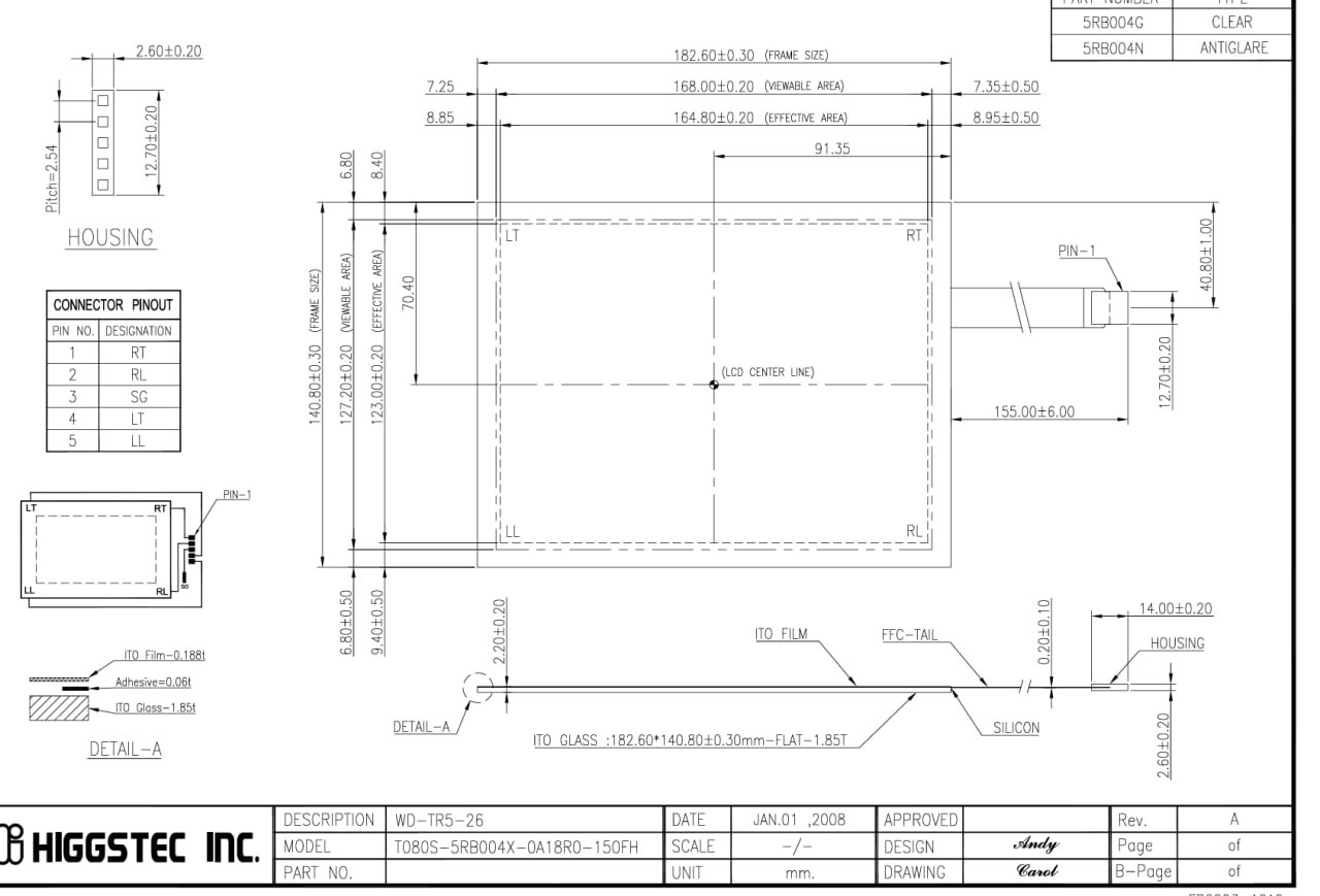 Резистивный сенсорный экран 8" T080S-5RB004N-0A18R0-150FH