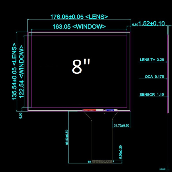 Ёмкостной сенсорный экран 8" PCAP-XG0801S3 с USB